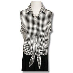 TAMARA H. Black white gingham sleeveless adjustable tie front MEDIUM LARGE shirt